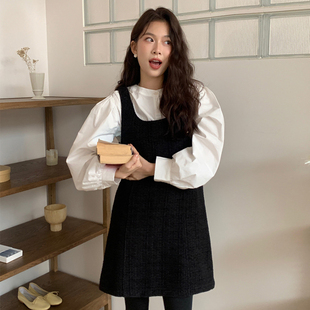 韩国chic冬季法式气质圆领泡泡，袖白色衬衫，+u领粗花呢背心连衣裙女
