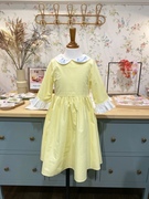 出口韩国高端大牌女童娃娃领黄色五分袖连衣裙