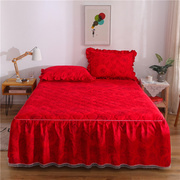大红色磨毛加厚结婚庆夹棉床裙式床套单件床罩1.5 1.8米2m四