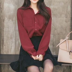 酒红色雪纺衬衫女黑加绒长袖，保暖冬季韩版宽松长袖加厚白色衬衣女
