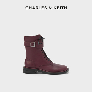 CHARLES&KEITH秋冬女靴SL1-91790002女士金属扣带系带马丁靴女鞋