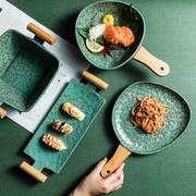 日式餐盘创意双耳带木柄商用饭厅盘子艺术个性复古家用陶瓷寿司盘