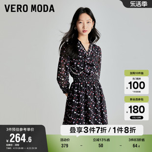 Vero Moda奥莱连衣裙夏季雪纺碎花短裙A字收腰V领优雅长袖女