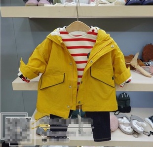 韩版中小童装 春季男女童宝宝黄色帅气带帽中长款风衣 外套