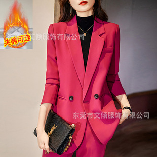 玫红色加棉小西装套装冬季韩版时尚直筒外套休闲加厚小西服女