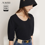 amii2024年秋季收腰短款针织衫，女显瘦圆领，五分公主袖黑色上衣