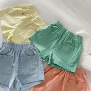 男女童纯棉短裤糖果，色韩版大口袋纯色，休闲裤薄款宽松热裤夏季亲子
