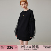 dfvc冬季黑色圆领卫衣裙，女2024网纱流苏，宽松直筒休闲连衣裙子