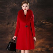 名牌高端女装2023秋青中年女大红色，狐狸毛领羊绒大衣羊毛风衣