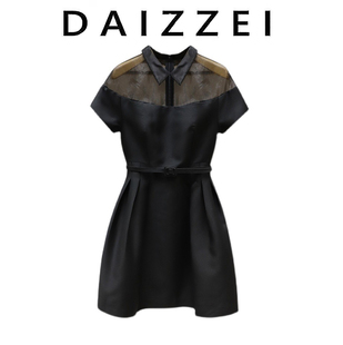 daizzei~气质短袖小黑裙，2022夏欧根纱拼接翻领，收腰a字连衣裙