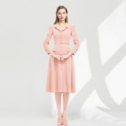 温柔风长袖职业套装西装裙女2024秋季气质粉色长款连衣裙外套