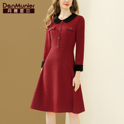 丹慕妮尔法式高端红色连衣裙女2023秋冬长袖气质收腰显瘦裙子