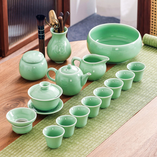 功夫茶具套装青瓷梅子青家用办公简约茶艺陶瓷泡茶壶盖碗茶道杯洗