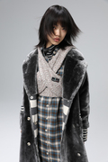 WxC原创独立设计师 灰色短绒毛条纹拼接毛呢大衣外套女冬季