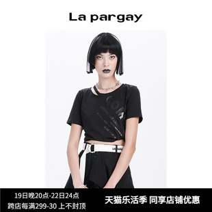 lapargay纳帕佳夏季女装上衣，百搭休闲露肩，字母印花短袖t恤潮