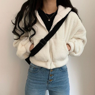 2024冬季韩版短款羊羔绒保暖拉链外套女加厚加绒开衫学生上衣