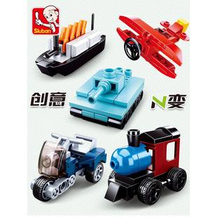 小鲁班创意n变系列，积木盒装汽车玩具，拼装益智男孩警察消防直升机