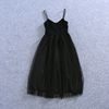 黑色针织拼接网纱吊带裙，连衣裙打底裙无袖，背心裙中长修身仙女裙子