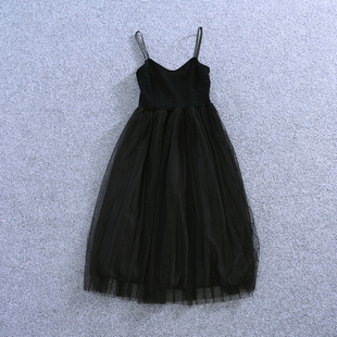 黑色针织拼接网纱吊带裙连衣裙打底裙，无袖背心裙中长修身仙女裙子