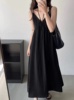 山本耀司黑色连衣裙女夏显瘦高级感气质纹理垂感V领吊带长裙