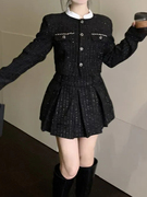 时尚法式气质高级感秋冬季套装女名媛小香风外套百褶短裙子两件套