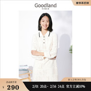 Goodland美地女装冬季性感蕾丝镂空长袖衬衫连衣裙