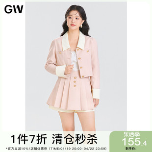 gw大码女装气质减龄显瘦短外套，百褶裙裤套装，2024春季微胖mm女