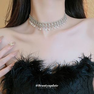双层镶钻锆石流苏项链时尚，轻奢高级感颈链法式气质礼服项饰女