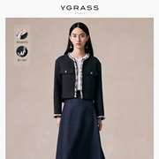 礼遇良辰VGRASS时髦黑色小香风羊毛短外套女春季精致通勤