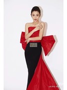 李冰冰22年红毯同款红拼黑色超大蝴蝶结抹胸裙性感气场全开晚礼服