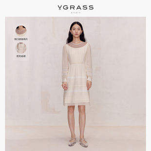 vgrass浪漫镂空刺绣连衣裙，23年秋仙女风白色连衣裙
