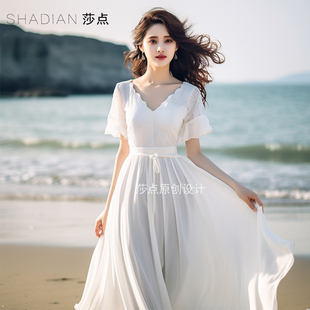 白色蕾丝短袖连衣裙v领长裙，海边度假沙滩，裙沙漠裙高端精致礼服裙