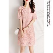 gg。法式粉色镂空蕾丝连衣裙，女夏季2023宽松遮肉显瘦休闲直筒