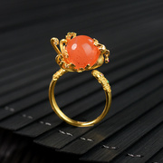 天然南红玛瑙戒指女开口可调节金色纯银，花朵指环食指宫廷复古手饰