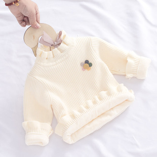 女童毛衣加绒加厚宝宝套头打底衫婴儿针织衫白色半高领保暖秋冬装