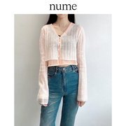 NUME设计师品牌纯色拼接透色双层开衫V领长袖针织上衣
