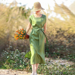 mm夏装连衣裙棉麻女夏绿色，端复古女装中年气质，收腰民族风裙子