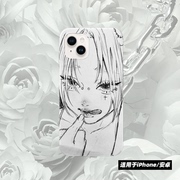 原创手绘黑白线条娇羞少女插画iphone14pro菲林，手机壳111214pro苹果13pro15promax保护套适用华为mate60