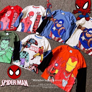 男童衣服蜘蛛侠钢铁侠美国队长潮流假两件漫威超人儿童长袖T恤