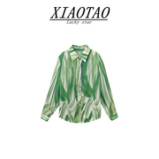 复古水墨绿色雪纺衬衫女春秋薄款设计感小众宽松显瘦气质长袖上衣