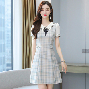 雪纺娃娃领连衣裙女短袖2023夏季韩版修身显瘦格子减龄a字裙