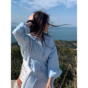 自制韩版气质蓝色翻领衬衫女春季慵懒风高级感外搭防晒衬衣
