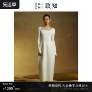 格物致知zhizhi白瓷裙针织，连衣裙女2023秋季时，尚方领裙白