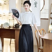 新中式古装立领白衬衫女装，夏季马面裙上衣复古国风一字扣短袖衬衣