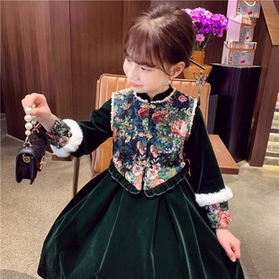 女童中国风加绒连衣裙，冬季2023洋气，小女孩丝绒公主裙子两件套
