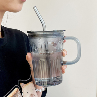 沐韩夏季创意带盖玻璃水杯男女生办公室泡茶杯高颜值把手牛奶杯子