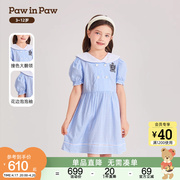 pawinpaw卡通小熊童装，24年夏季女童，翻领格纹连衣裙