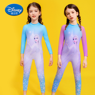 迪士尼儿童泳衣女童连体长袖长裤2024年冰雪奇缘防晒保暖泳装
