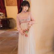  粉色改良裙子春装年汉服元素连衣裙日常中国风长裙动漫