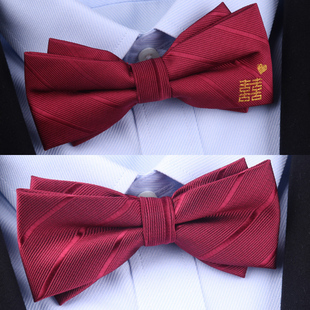 时尚双层红色领结男结婚新郎，婚礼喜蝴蝶结伴郎兄弟团黑色西装领带